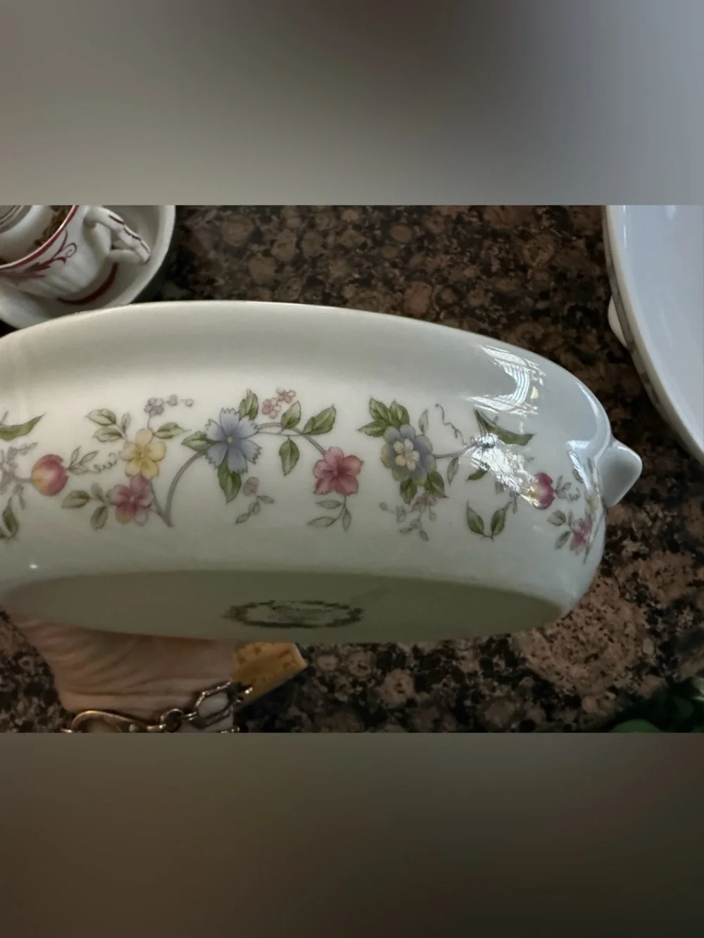 Andrea By Sadek White Porcelain Covered Serving Dish with Pastel Floral Design